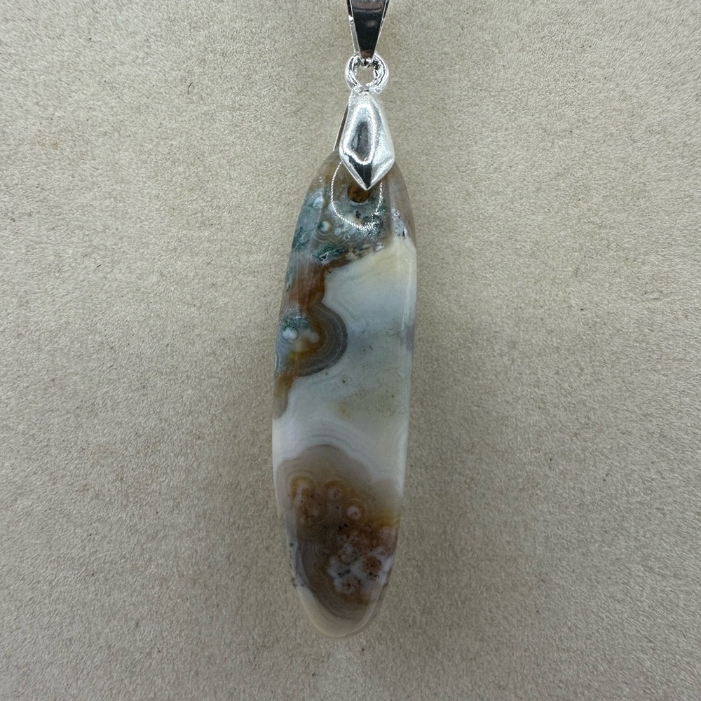 Long Thin Ocean Jasper Pendant on Stainless Steel Chain - Picture 2 of 7